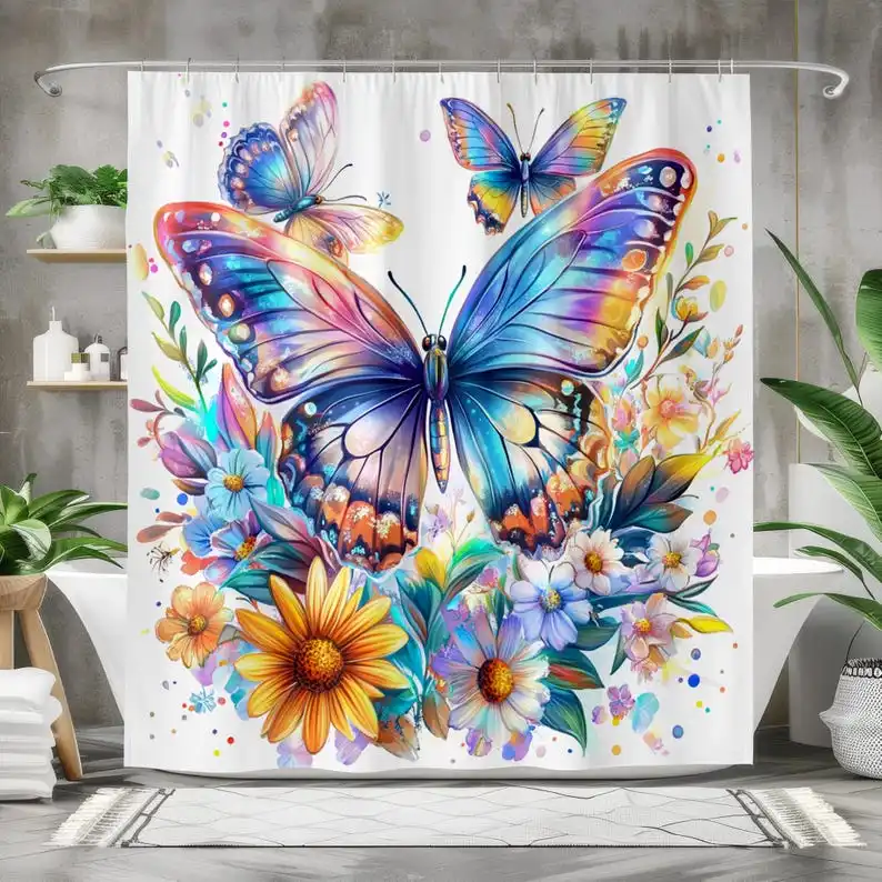 

Colorful Watercolor Butterfly Shower Curtain, Boho Floral Bathroom Decor, Whimsical Nature Art, Bright Rainbow Spring Gift