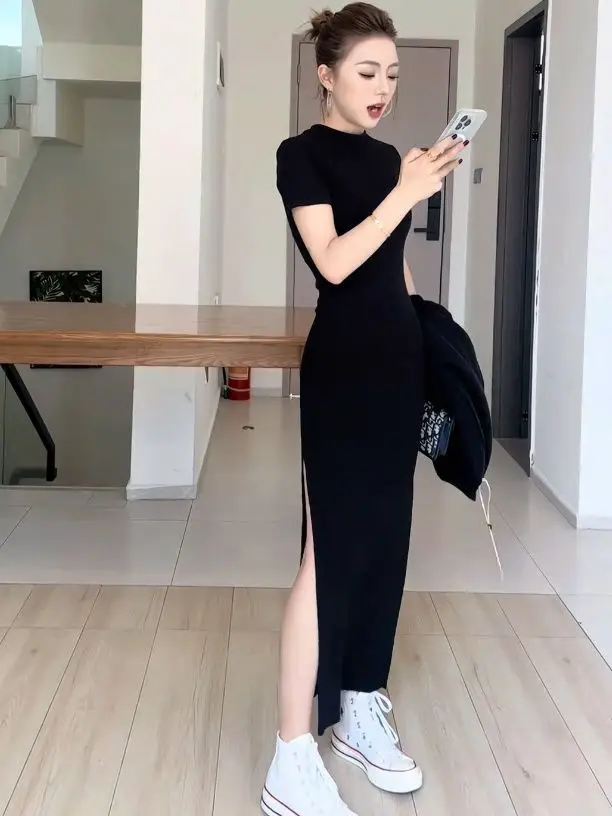 

New Chinese Style Black Stretch Ribbed Cotton Simple Chinese Style Slim Slit Skirt