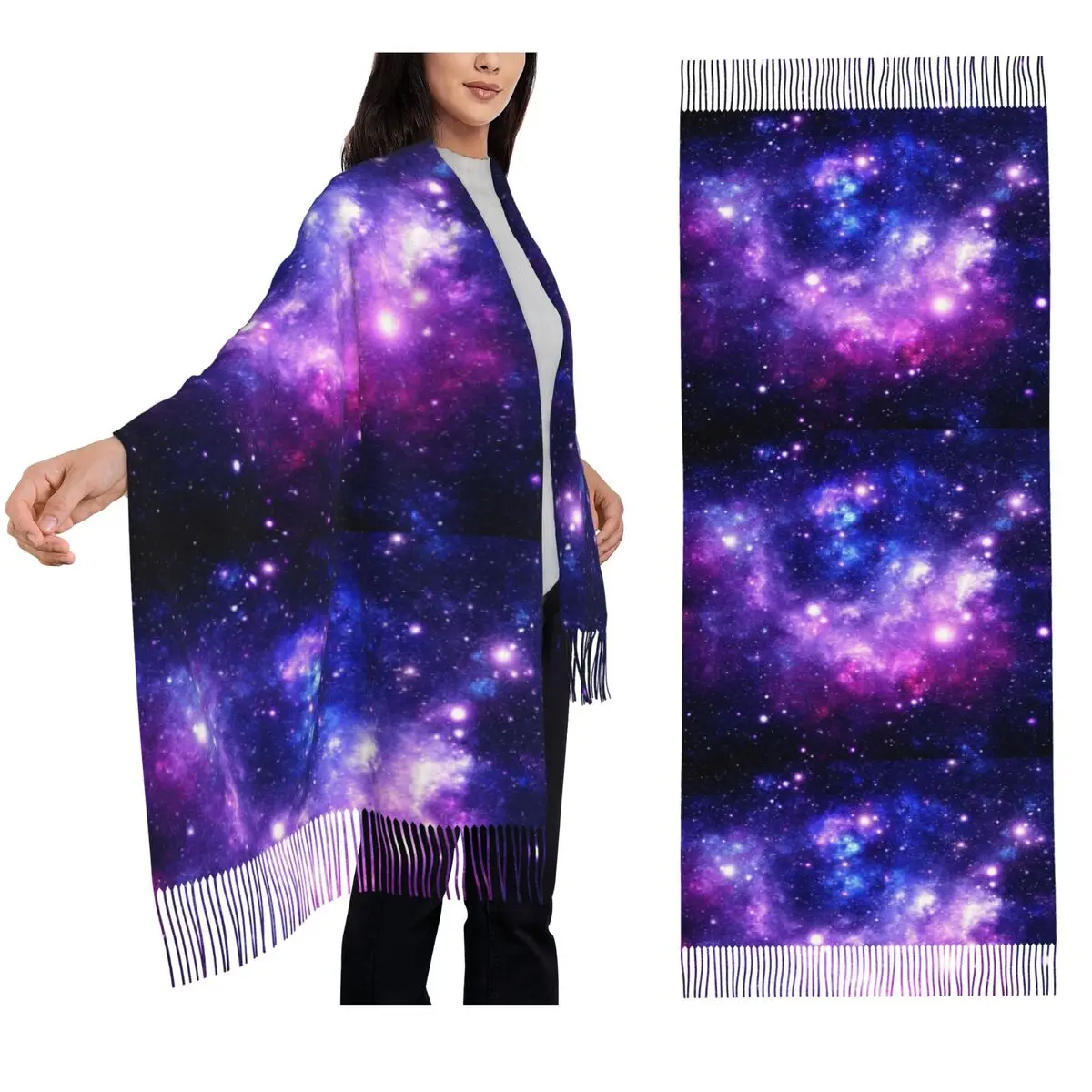 

Фиолетовый, синий шарф Galaxy Nebula, шарфы с кисточками, женские мягкие теплые шали и накидки, большая осенне-зимняя шаль