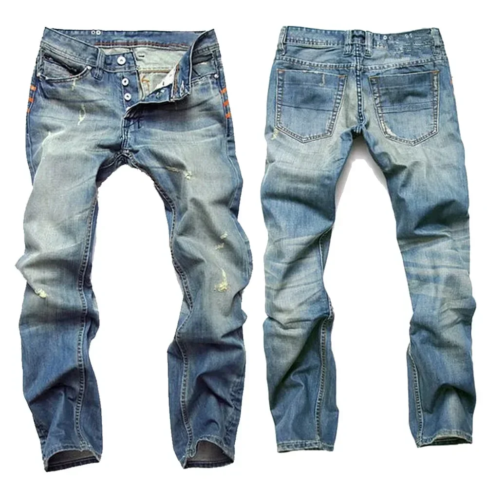 

Hole Jeans for Men Mid Waist Washed Straight Pants Streetwear Vintage Zipper Fly Denims 2024 Autumn Ankle Length Trousers