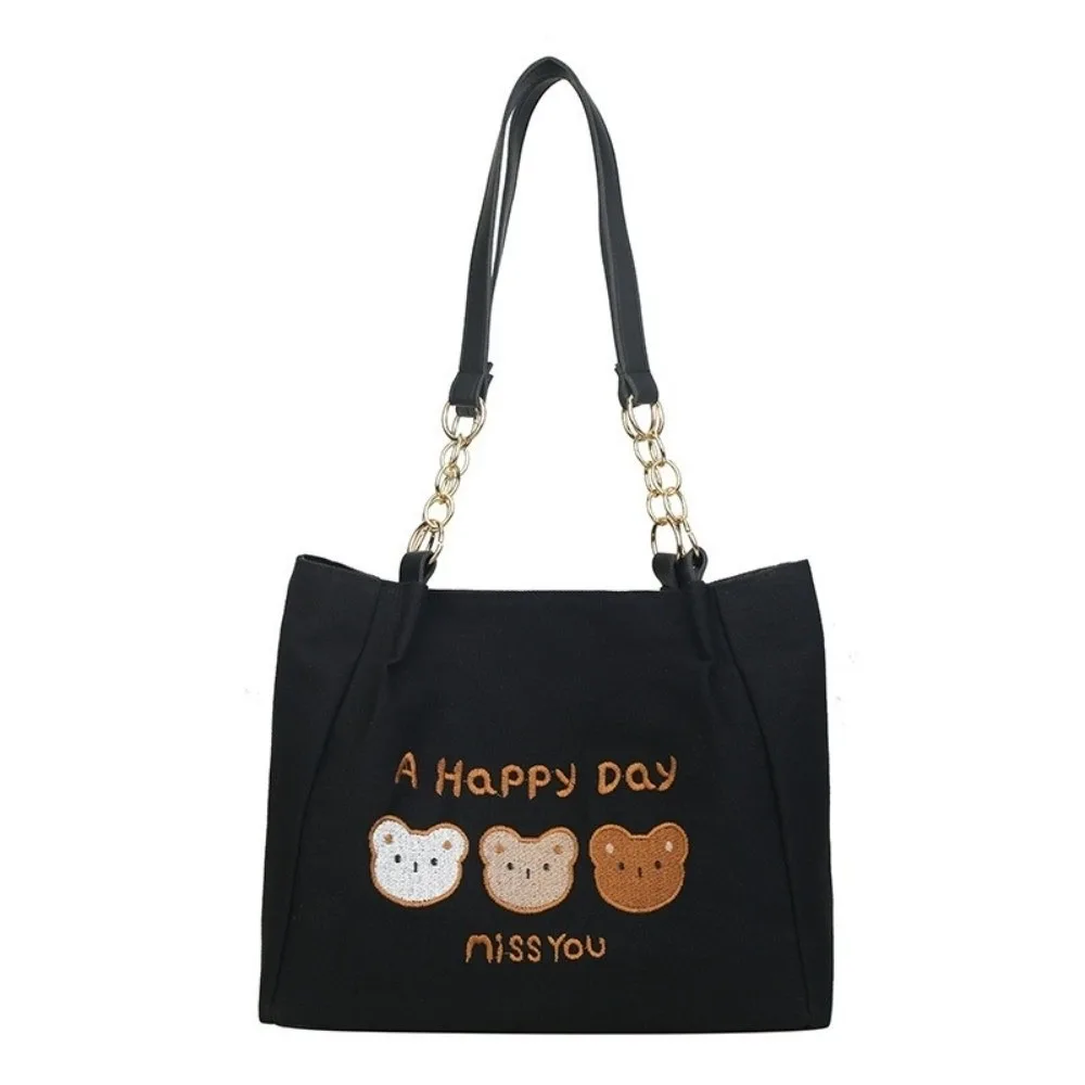 

Casual Printed Bear Shoulder Bag Korean Style Solid Color Cartoon Tote Bag Large Capacity Versatile Canvas Handbag Lady