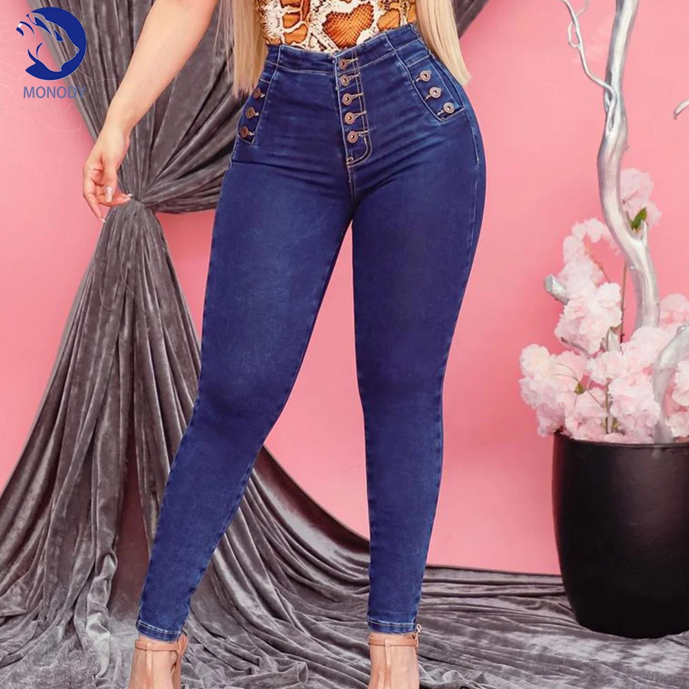 Plus Size Button Fashion Women Thin Leg Elastic Jeans Mid Waist Skinny Denim Pants Oversize Trousers Stretch Denim Jeans 4XL