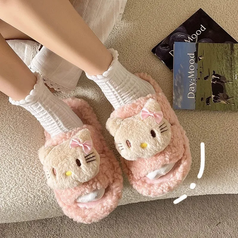 

Детские тапочки, домашняя обувь, зимняя обувь с рисунком «Hello Kitty» для девочек, теплая нескользящая розовая, белая обувь с мягкой подошвой, размер 36-41