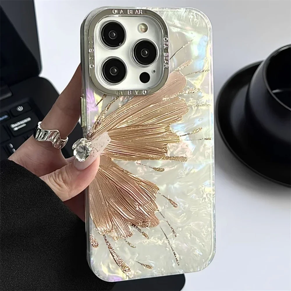 Korean Luxury Plating Glitter Butterfly Shell Pattern Phone Case For iPhone 15 14 13 12 Pro Max 11 Lens Protective Bumper Cover