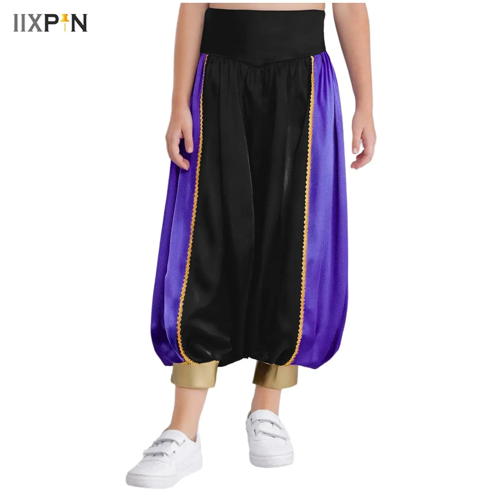 

Kids Arabian Pants Belly Dance Pants Satin High Waist Loose Color Contrast Harem Pants Halloween Party Carnival Cosplay Costume
