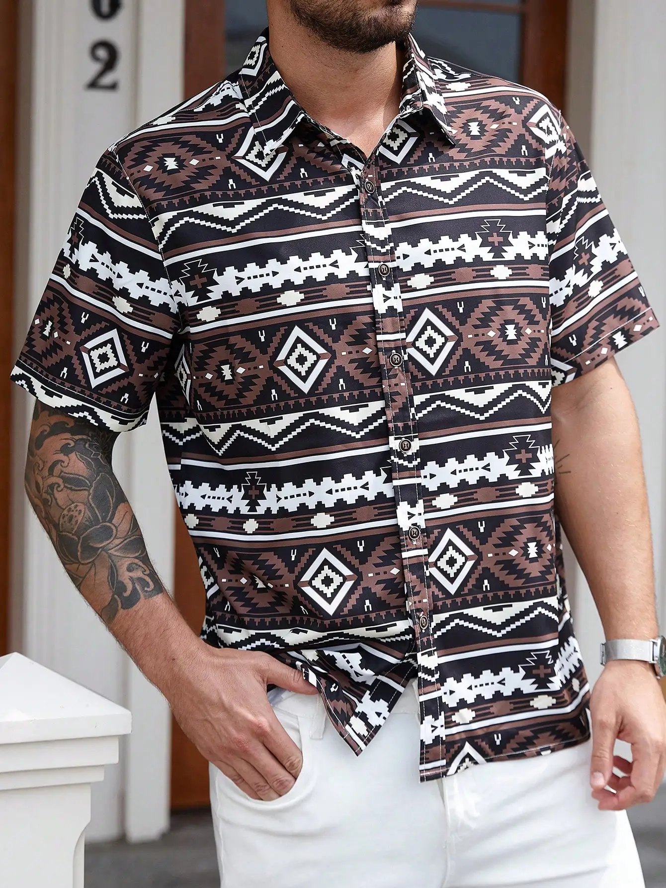 

Мужская рубашка с геометрическим принтом, короткий рукав, на пуговицах, повседневная летняя одежда