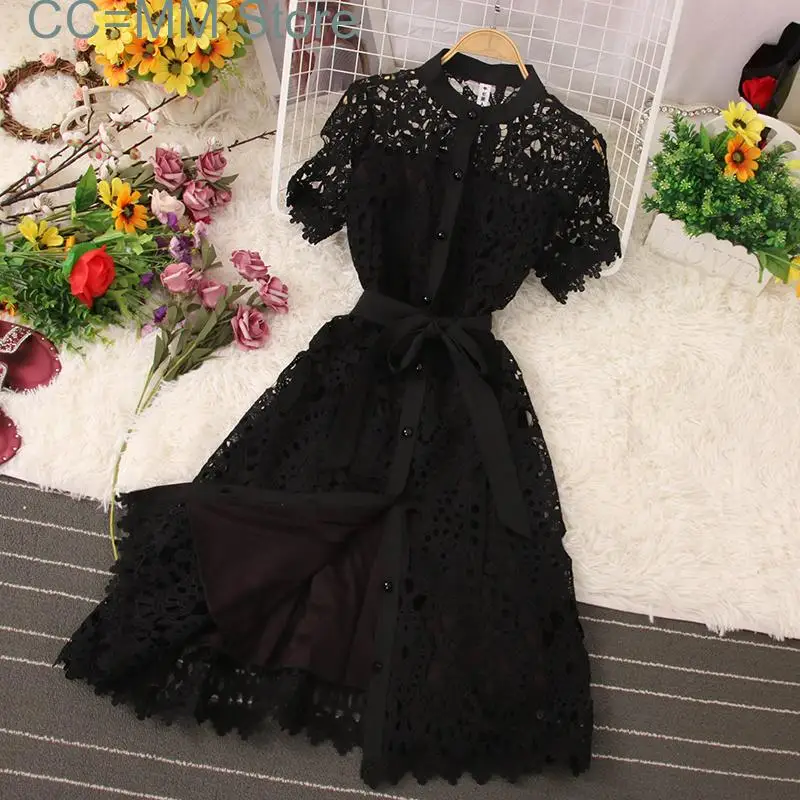 

New French Stylish Hollow Out Lace Vestido Women Elegant Solid Open Stitch Lace-up Evening Dress Tide Summer