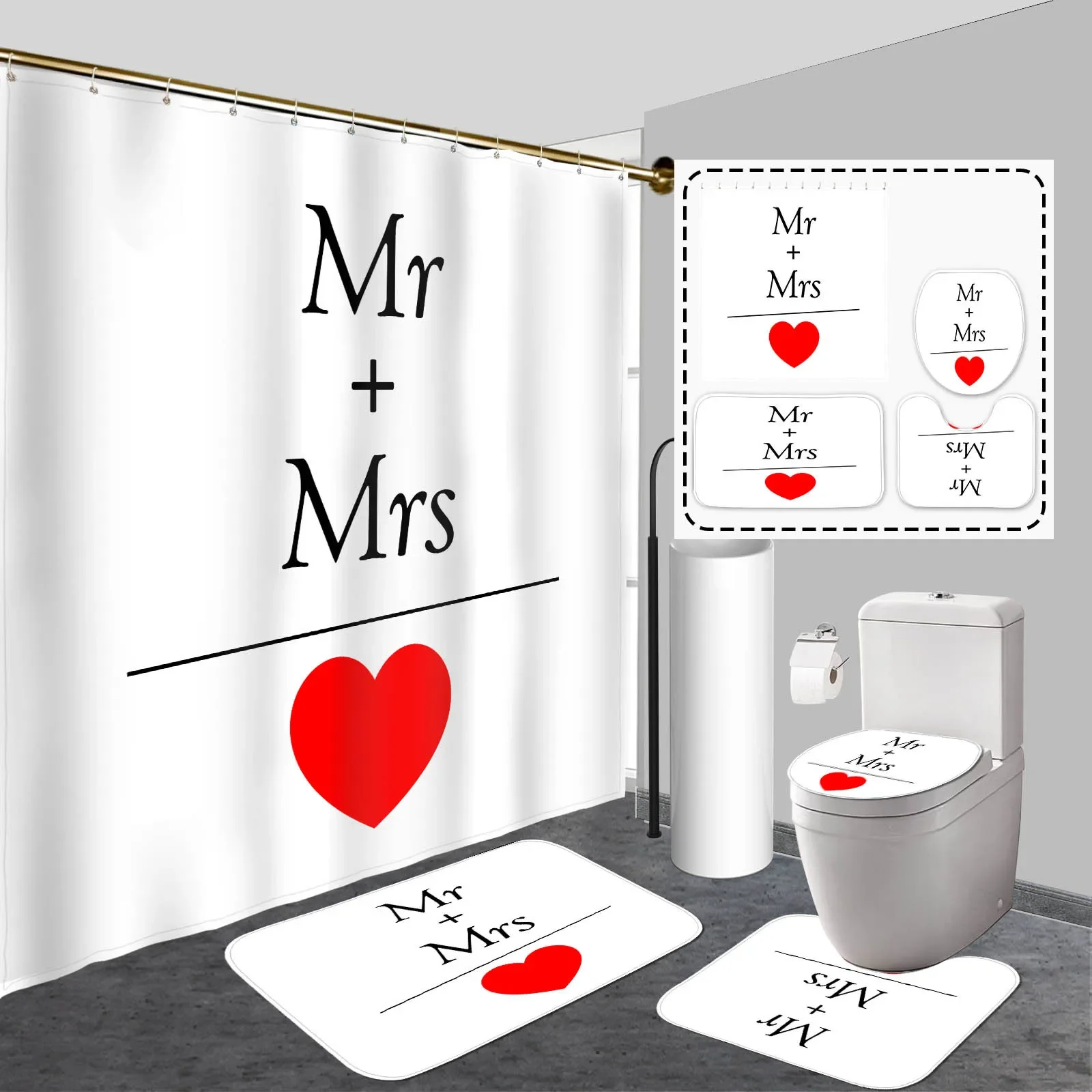 

4-Piece Valentine's Day Shower Curtain Set, Romantic Polyester Bathroom Decor with Non-Slip Rug, Toilet Seat Cover and Hooks