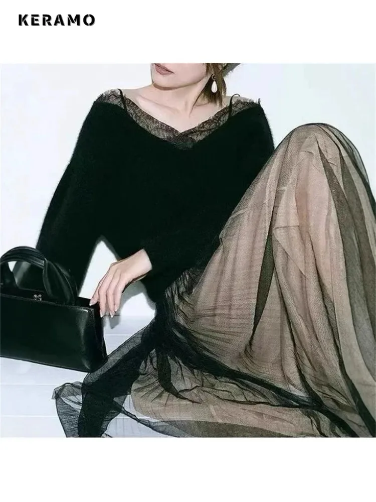 2025 inverno elegante sexy com decote em v tricô manga longa gyaru pullovers feminino coquette rendas retalhos bainha senhoras camisola branca