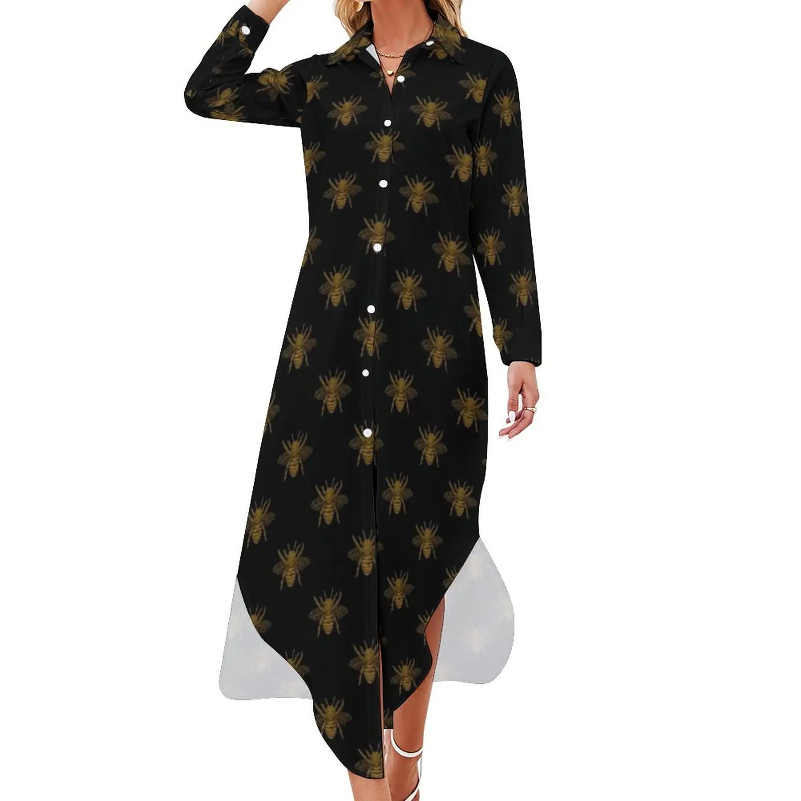 Gold Metallic Bees Chiffon Dress Animal Honeybee Print Modern Dresses Long Sleeve Street Fashion V Neck Oversized Casual Dress