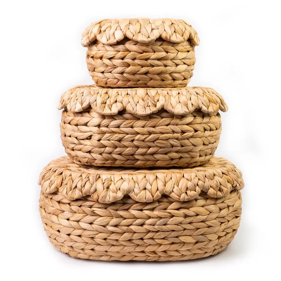 

of 3 Wicker Storage Baskets with Lid Decorative Handwoven Rattan Baskets for Organizing, Small Hyacinth Storage Boxes with Scal