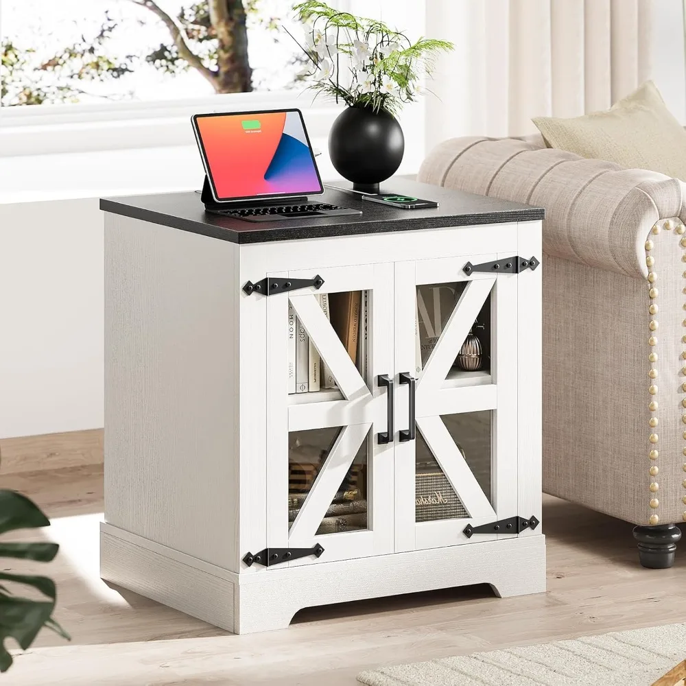 Rustic Storage Side Table, Adjustable Shelf End Table, Spacious Nightstand, Wooden Nightstand with Charging Station