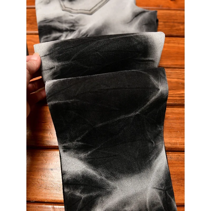 Fashionable and personalized tie dye black and white mixed color design jeans men's stretch slim fit trend retro long pants