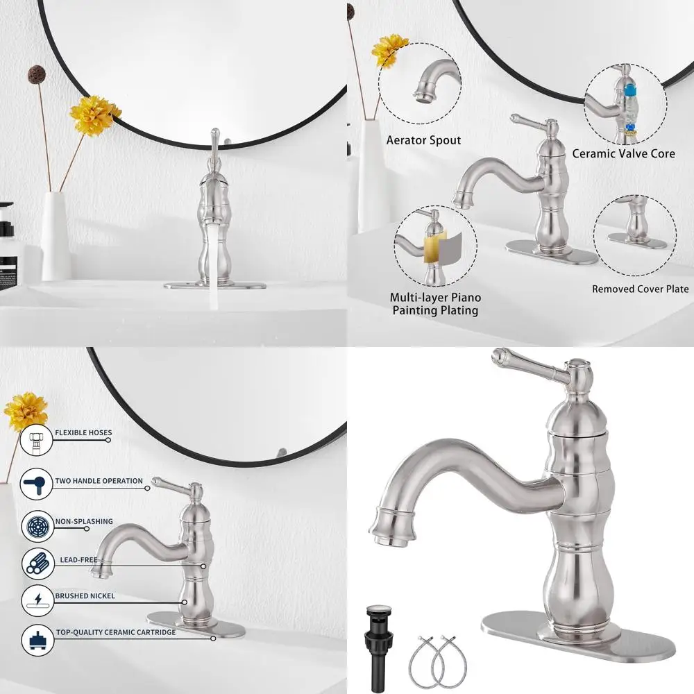 

Single Handle 360° Swivel Brushed Nickel Bathroom Sink Faucet with Pop-Up Drain and Overflow