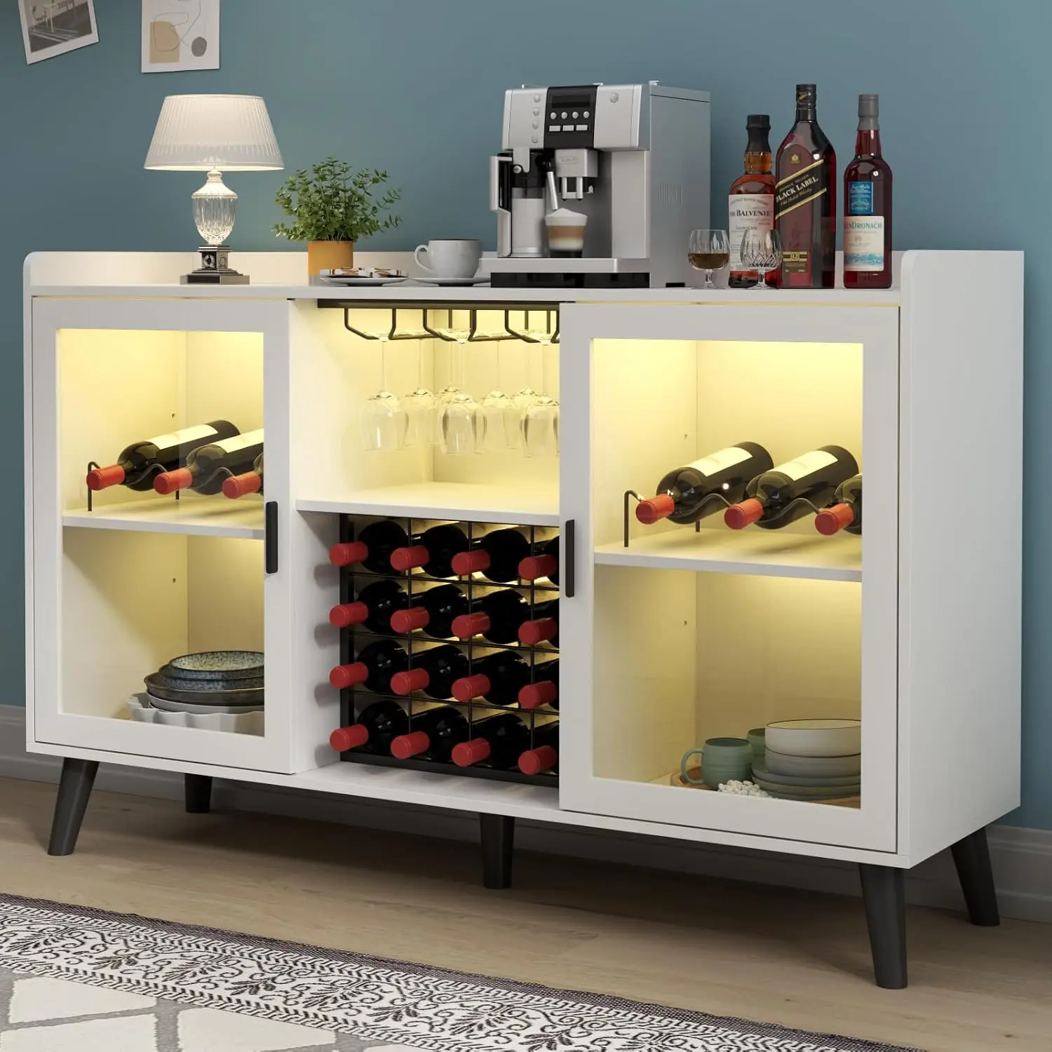 

Wine Bar Cabinet with LED Light, Home Coffee Cabinet with Wine Rack and Glass Holder, Kitchen Buffet Sideboard W Storage Shelf,