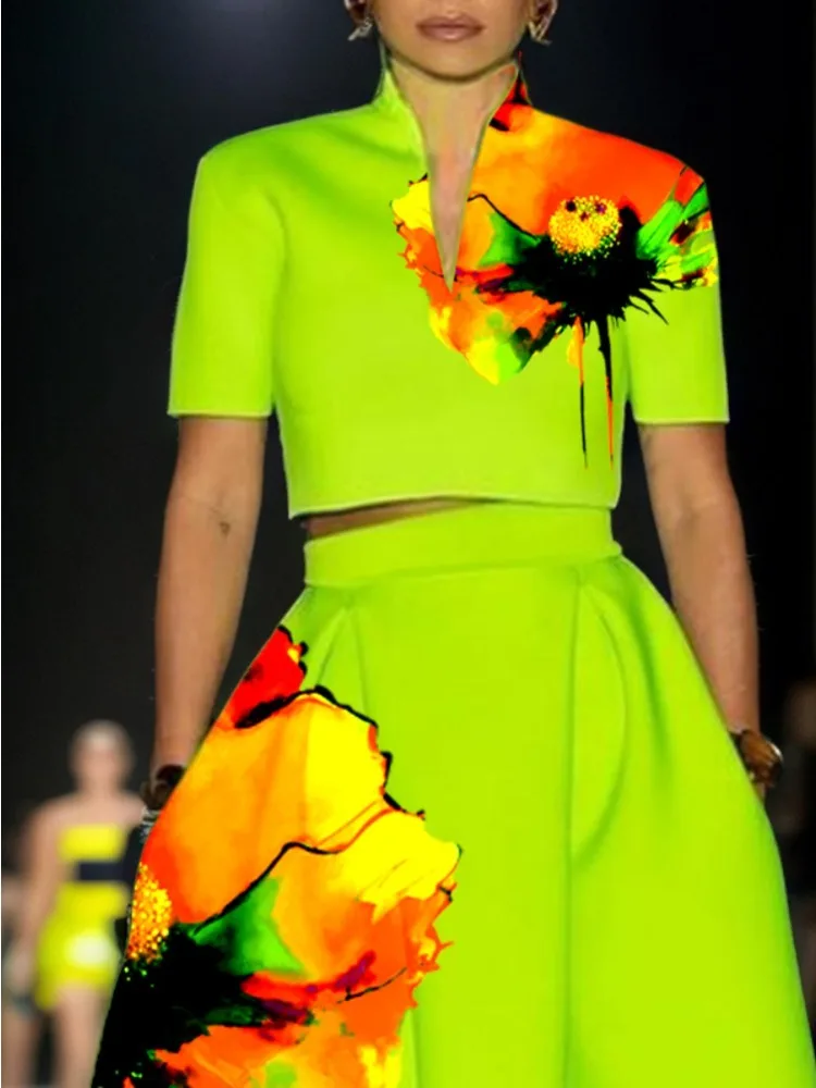 Gymystars moda um terno para mulher com uma saia verde conjunto de duas peças elegante flor impressão saia longa com decote em v topos casual senhora conjunto