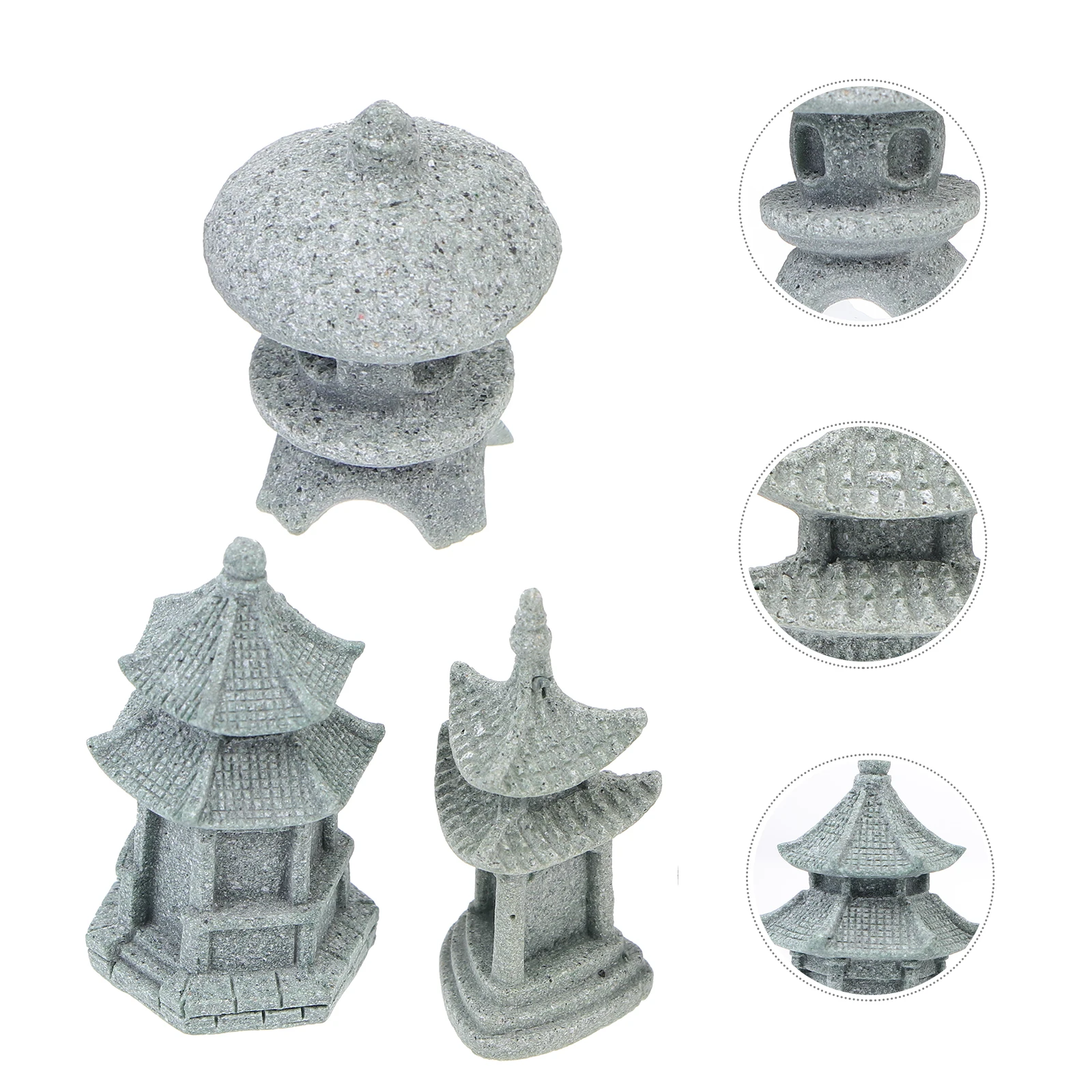 

3pcs Realistic Sandstone Craft Ornament Light Grey Creative Pavilion Adornment For Micro Landscape Bonsai Decor Desktop Garden