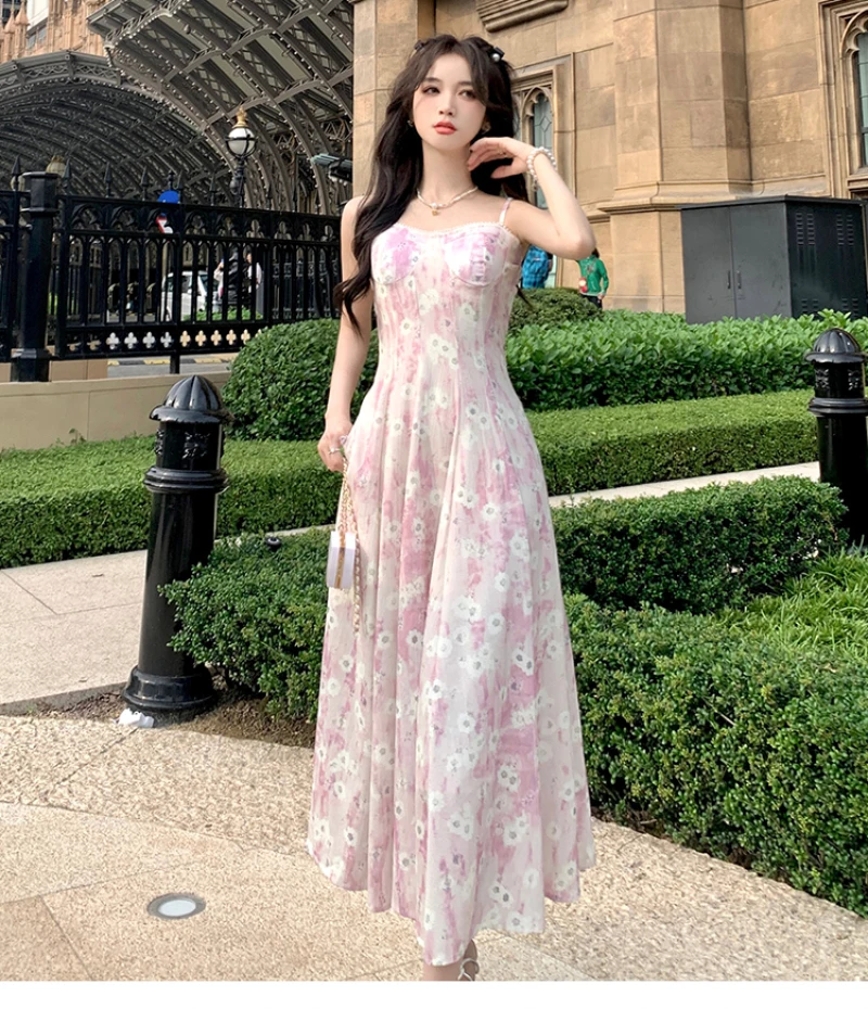 Summer Print Elegant Beach Dress 2023 New Women Vintage Pearl Beading Sweet Midi Dress Female Princess Fairy Strap Evening Dress