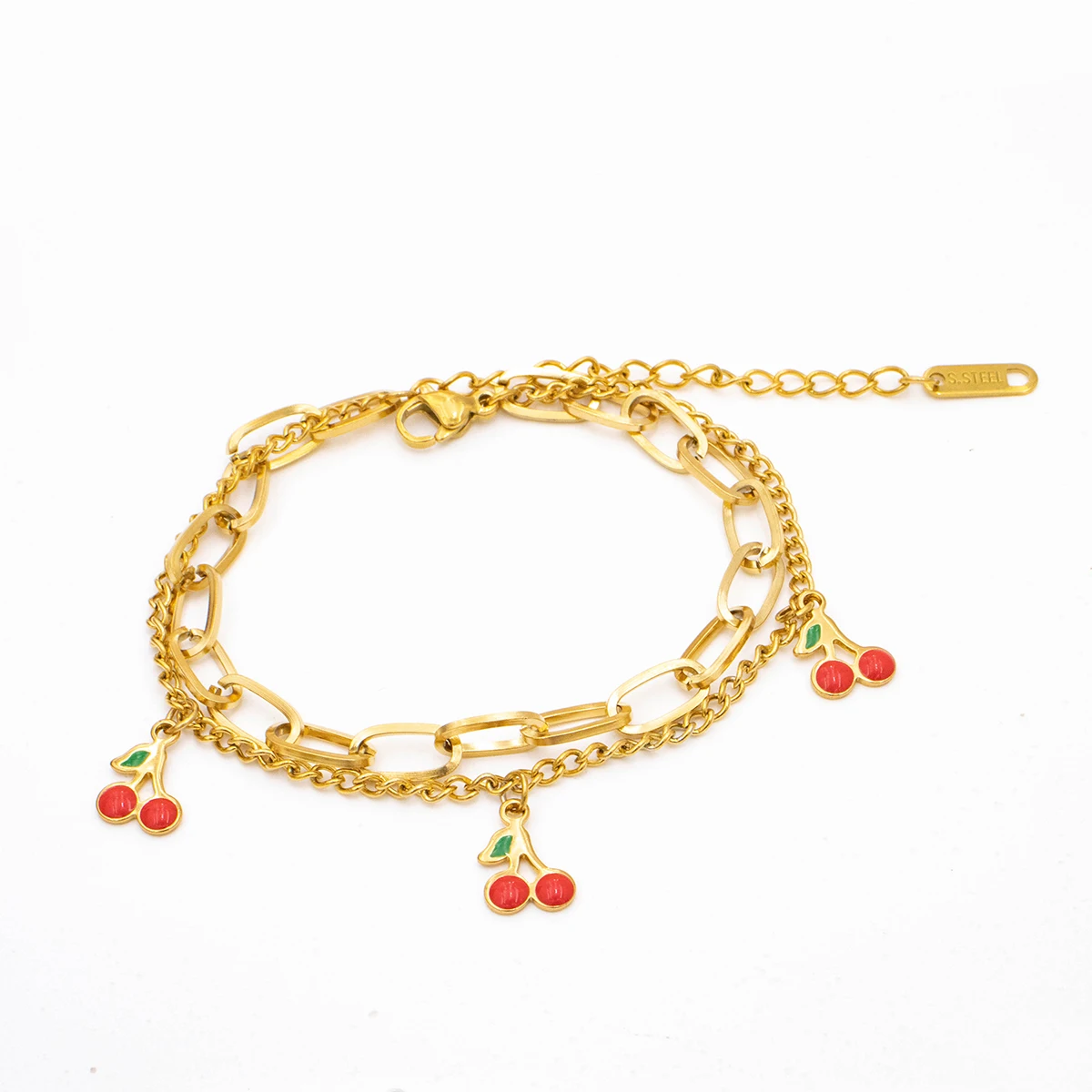 Pulsera de doble capa de cereza y fruta, diseño de acero inoxidable chapado en oro, lujo para mujer y niña, nueva moda, joyería de fiesta informal