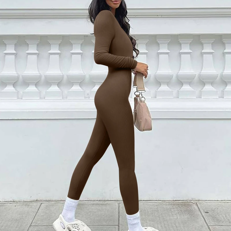 Women's Square Collar Long Sleeve Jumpsuit Sexy Tight Yoga Suit Gym Casual Sport Fitness Pants