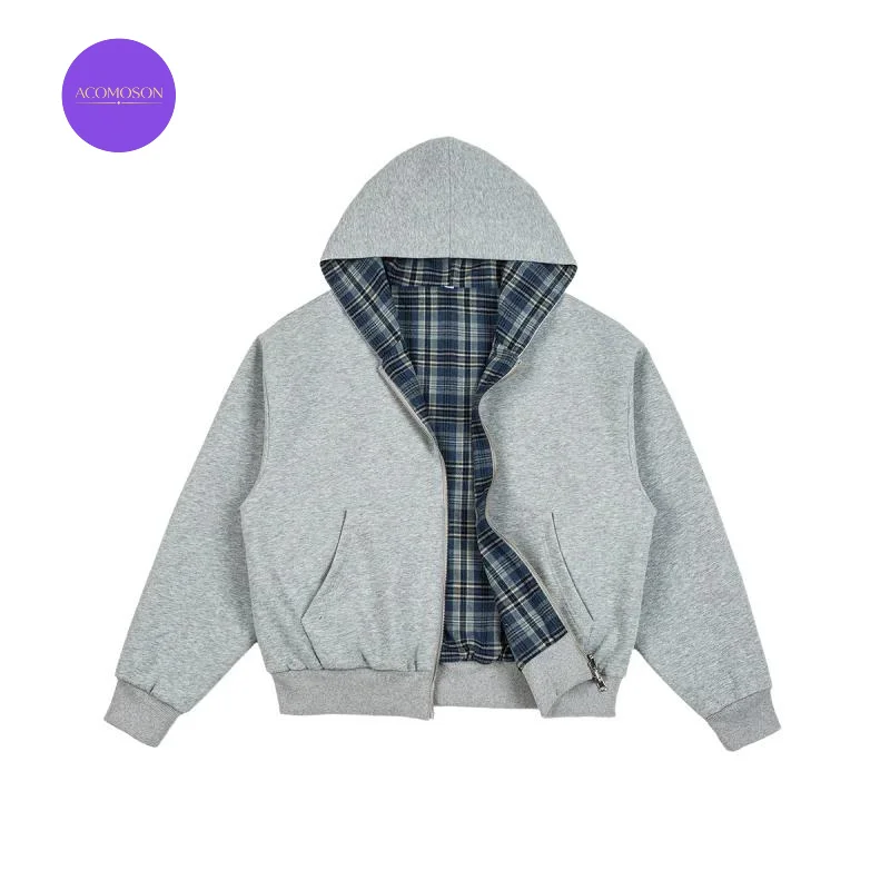 ACOMOSON EU US Size Top Quality Autumn Winter Checkered Patchwork Reversible Jacket Oversized Hooded Jacket