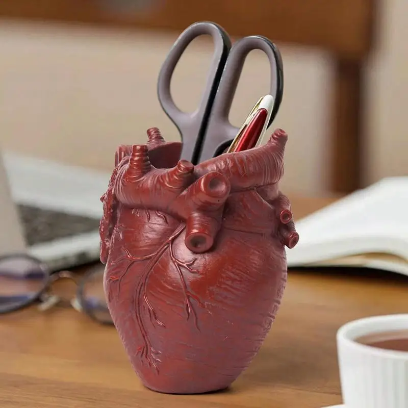 Desk Pencil Holder Heart Design Pencil Card Holder Study Bookshelf Decor Resin Art Supply Storage Organizer Makeup Brush Desk