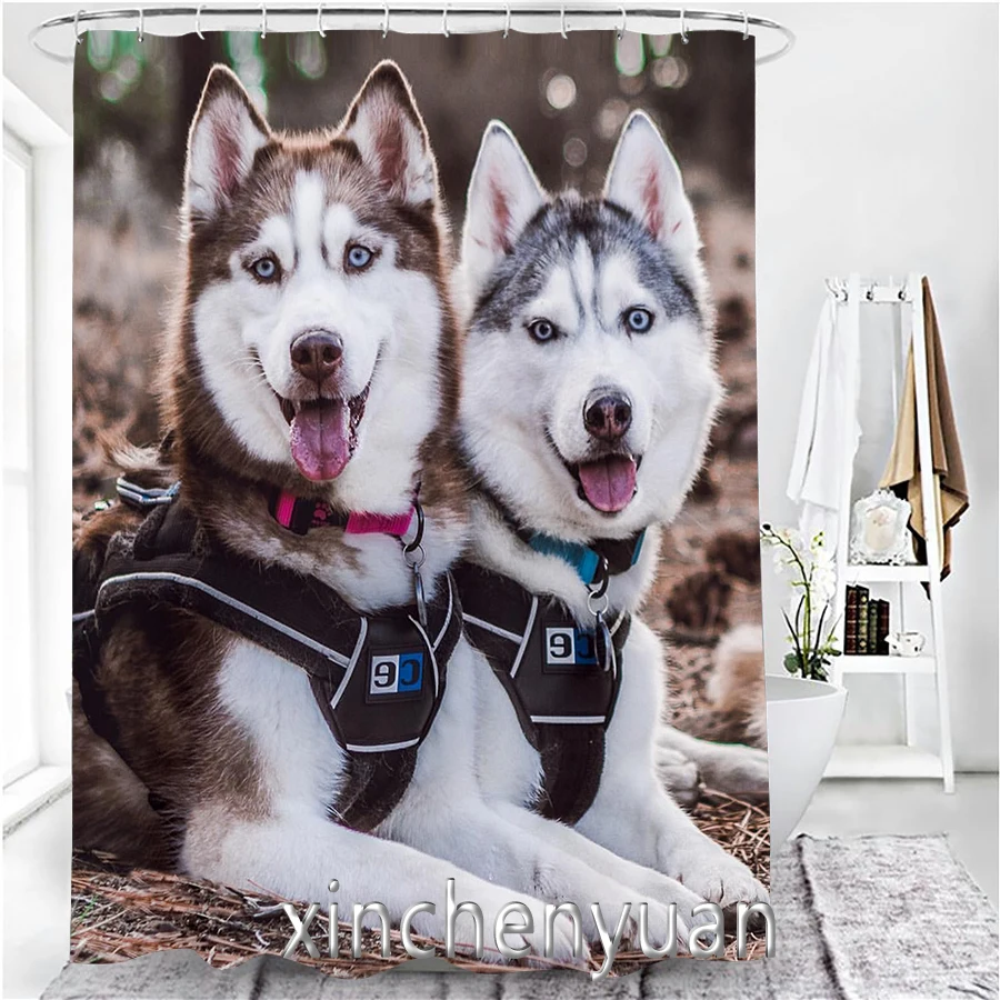 phechion New Creative Husky Dog Waterproof Bathroom Curtain 3d Printed Fabric with Hooks Decoration Shower Curtain M65