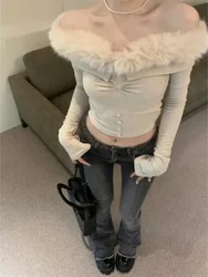 Sexy Korea Chic Off Shoulder Plush Tops Women Autumn Winter Slim Fit Sweaters Mujer Y2k E-Girl Long Sleeve Bottoming Pullovers