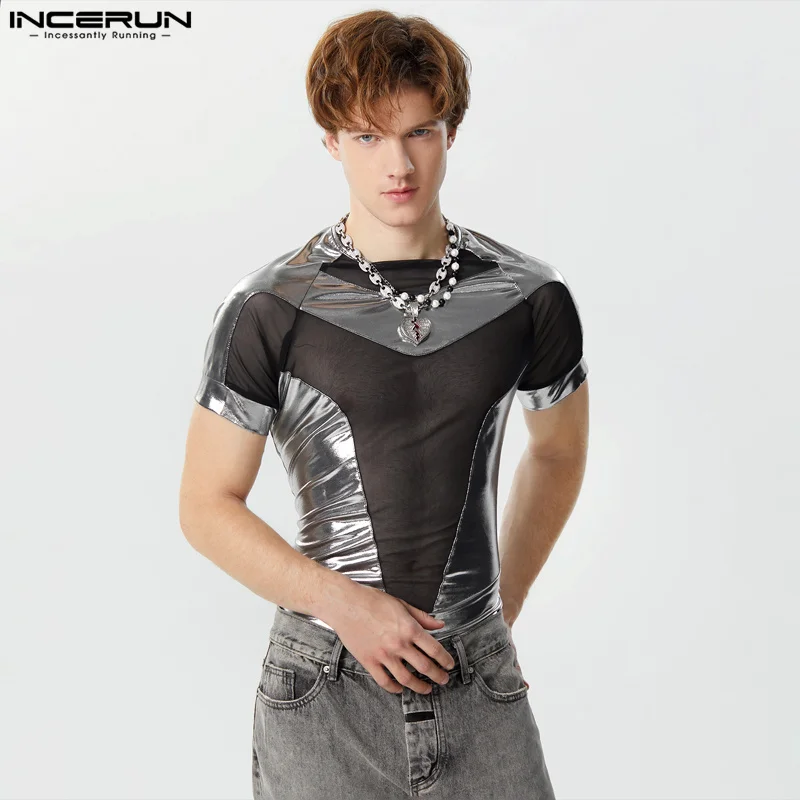 2024 Men\'s Bodysuits Mesh Patchwork Shiny Transparent O-neck Short Sleeve Male Rompers Streetwear Fashion Bodysuit S-3XL INCERUN