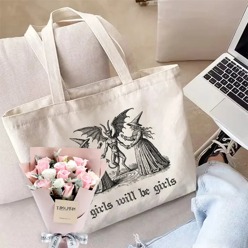 Girls Will Be Girls Witch Canvas Tote Bag Organizer New Large Capacity Travel Storage Shoulder Bag Handbag Halloween Spooky Gift