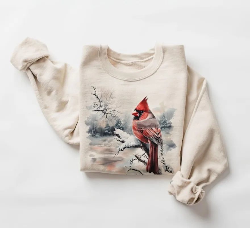 

80s Retro Red Cardinal Winter Scene Sweatshirt Nineties 90s Birding Bird Watching Outfit Boho Sweatshirt Hoodies Women Clothing