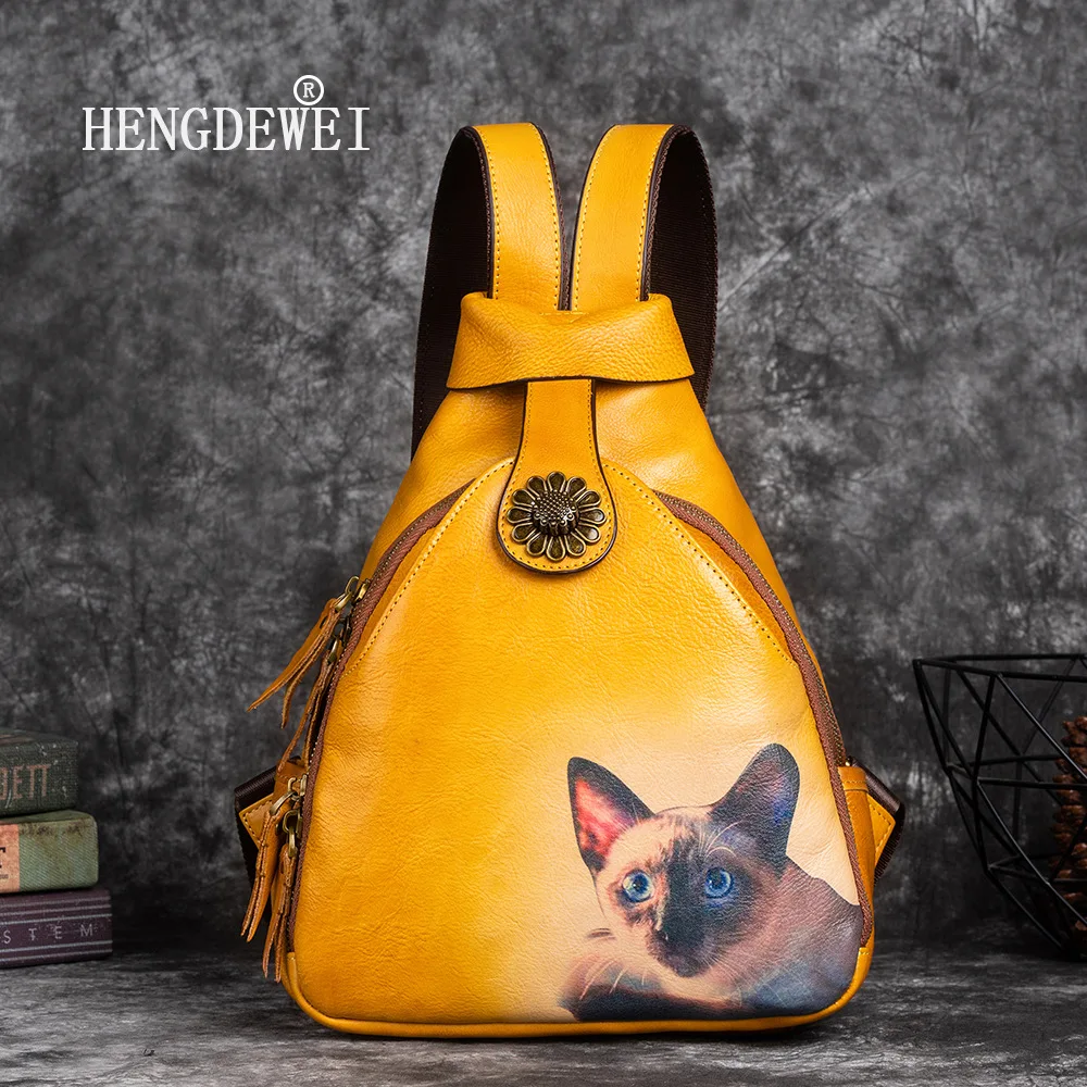 Retro genuine leather women's crossbody bag, high-end large-capacity multi-functional buckle anti-theft backpack