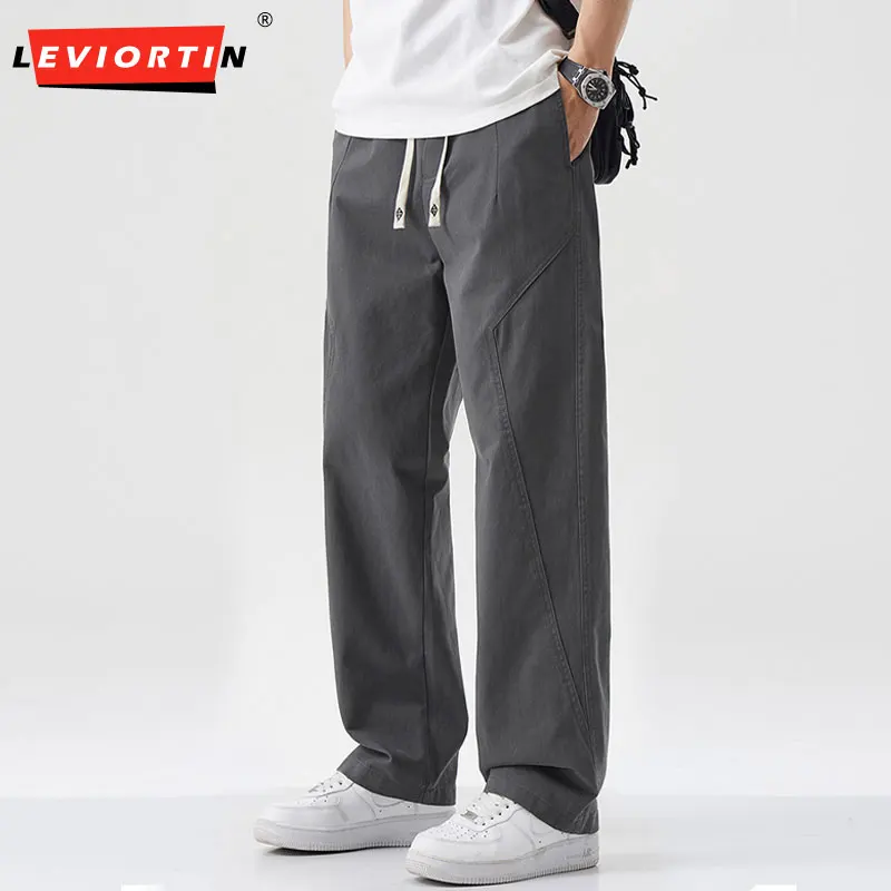 

Men's 100% Cotton Loose Straight Wide Leg Pants Streetwear Casual Elastic Waist Comfort Fit Cargo Trousers
