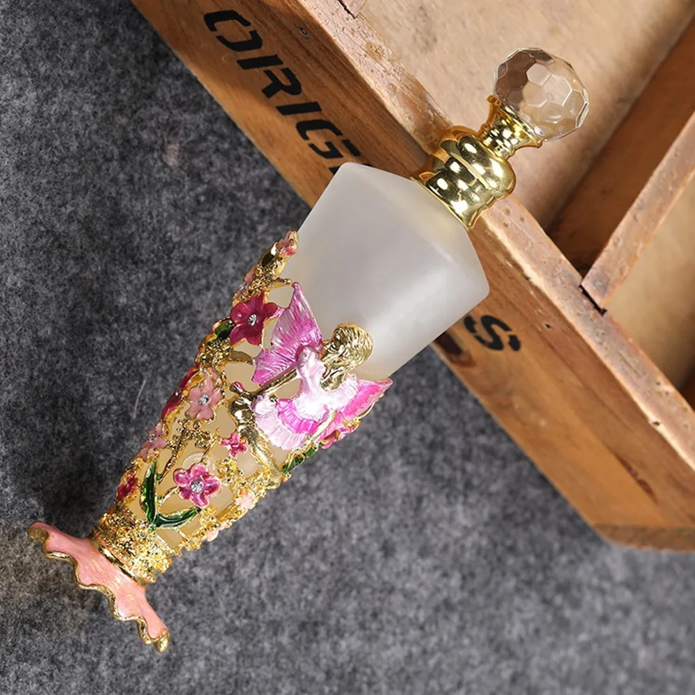 Conical Perfume Bottle Angle Enamel Embossed Vintage Flower Frosted Container Crystal Cap Refillable Luxury Beauty Sub-Bottle