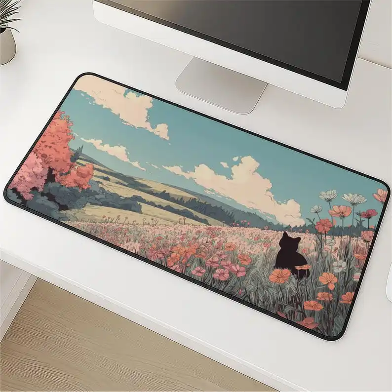 

Pastoral Style Cat Desktop Mats, Floral Landscape Gaming Mouse Pad, Laptop Keyboard Mats, Office Desk Mat, Home Office Decor