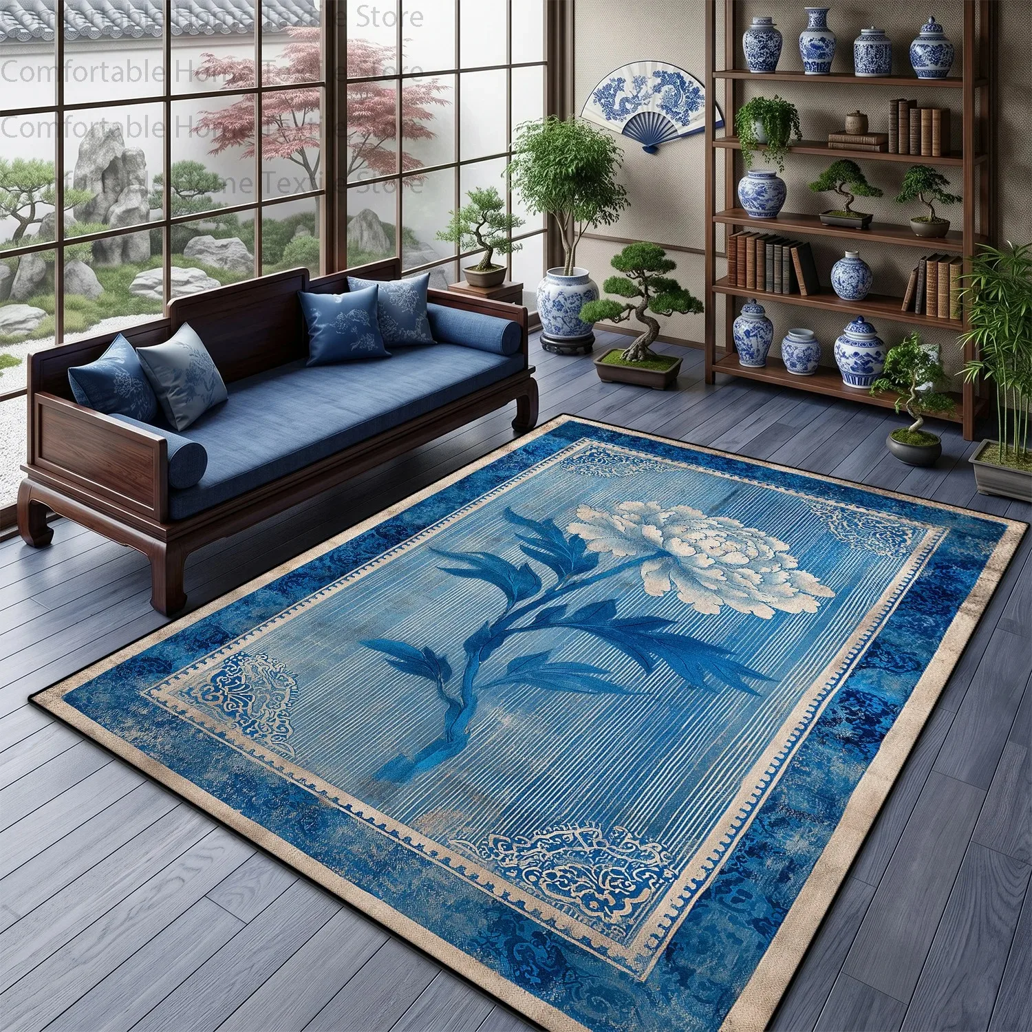 Vintage Blue Peony Rug Soft Floor Mat Retro Distressed Flower Pattern Living Room Bedroom Modern Theme Home Decor Carpet