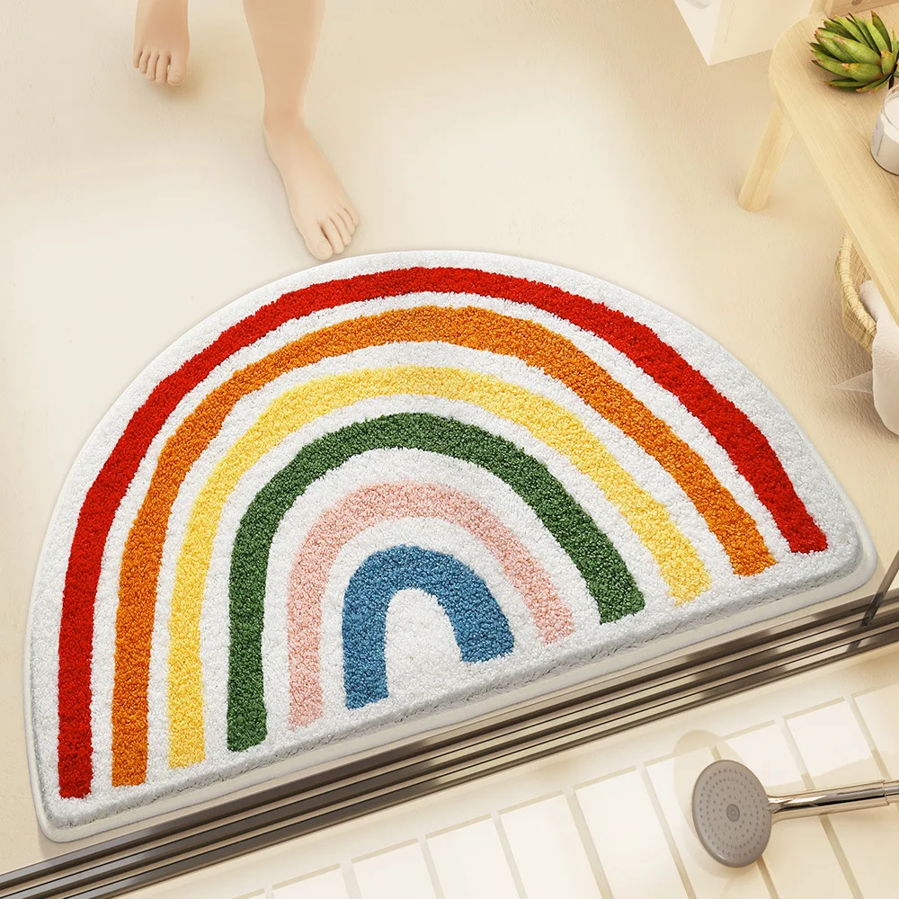 Ins Style Rainbow Bathroom Floor Mat Shower Room Absorbent Foot Mat Bathroom Door Mat Semi-circle Non-slip Bath Carpet