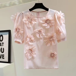 Blusa de gasa fina con flores tridimensionales para mujer, camisa de manga corta abombada con cremallera trasera, novedad de verano 2024