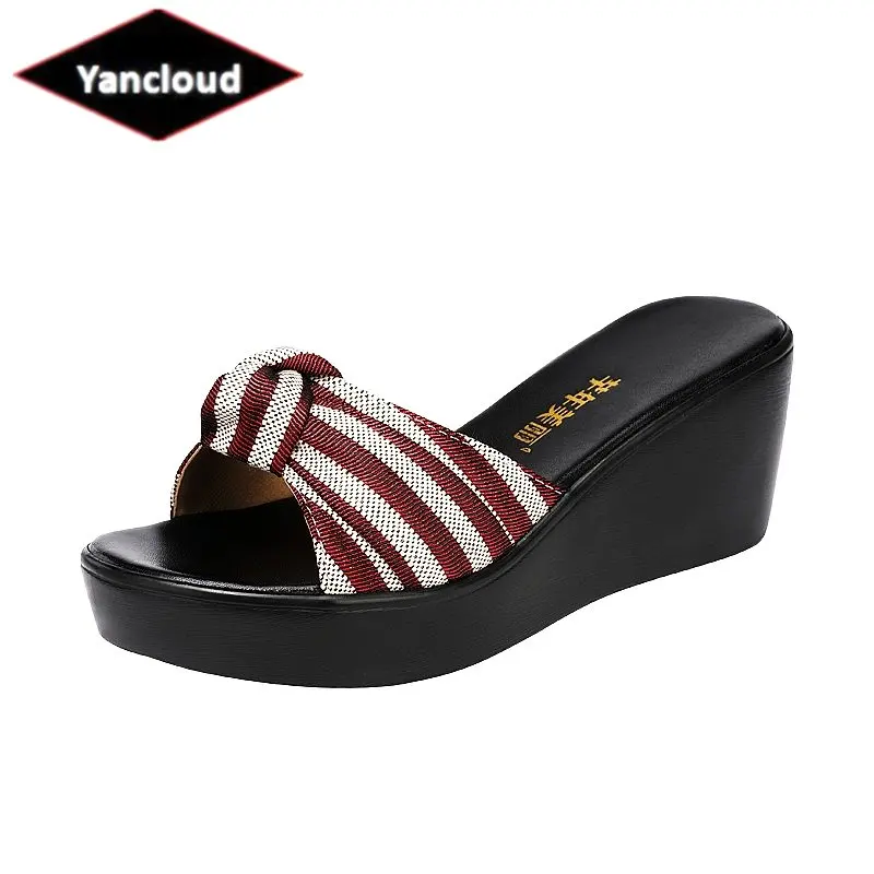 Small Size 32-43 Casual Beach Outside Office Stripe Bow Platform Shoes Women Slippers 2022 Summer High Heels Wedge Slides