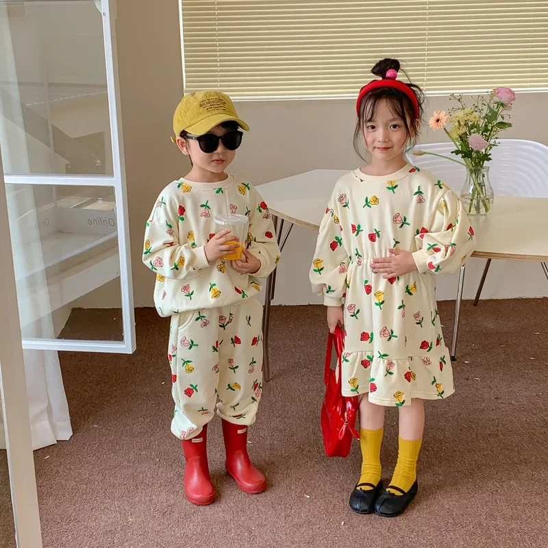 Children Autumn Clothes Brother and Sister Matching Outfits Little Girl Long Sleeve Dress Korean Style Boys Kids Two Piece Sets
