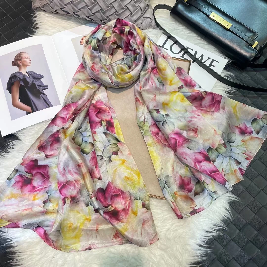 BYSIFA weiß100 % Seidenschal Damen Schals Bufandas Sommer Strandschals Foulard Herbst Winter Marke Blumendesign Lange Halstücher Hijabs 7