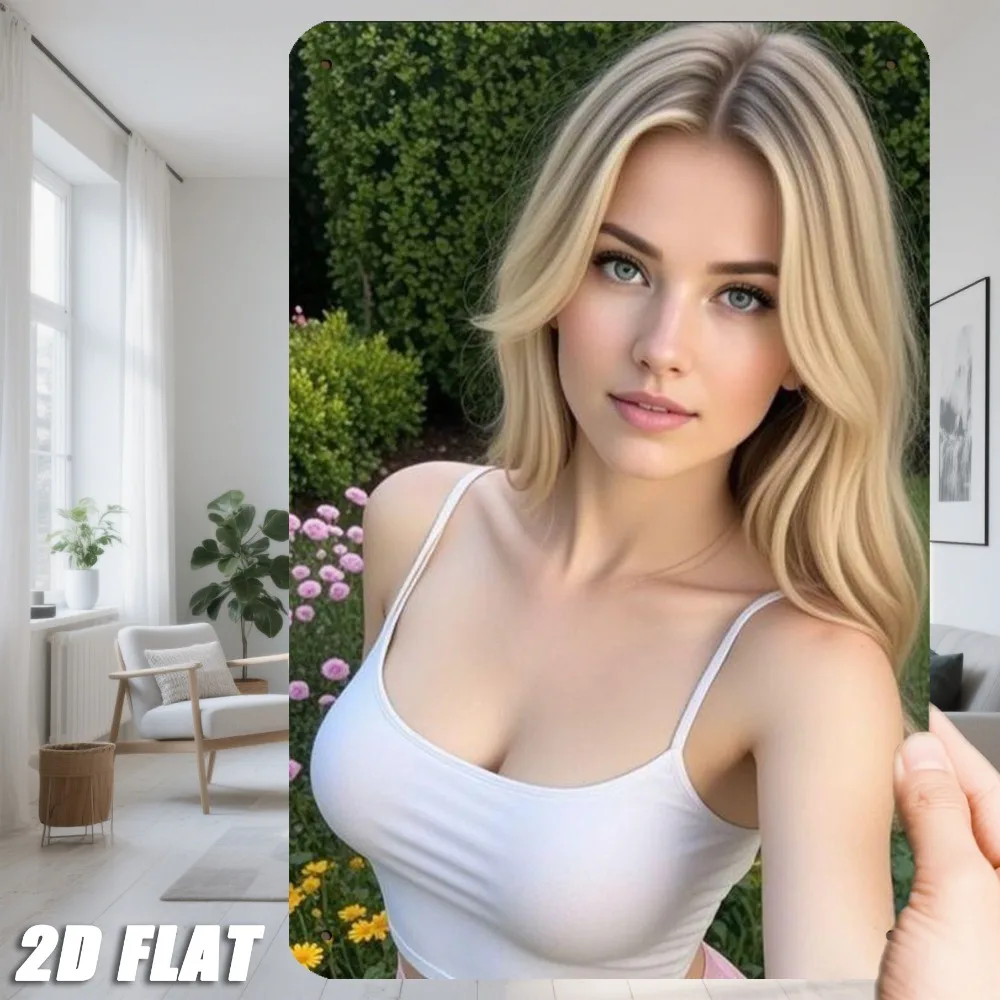 2D Flat Retro Iron Sign - Blonde Woman in White Slip Dress Metal Logo 8x12in Farmhouse Kitchen Wall Decor