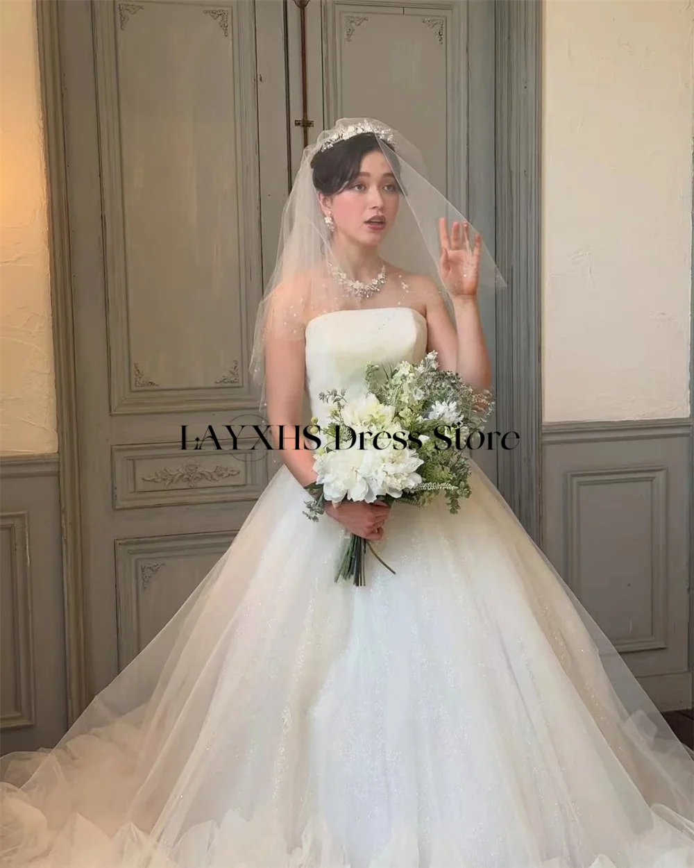 فساتين زفاف من التل اللامع بدون حمالات شال قابل للانفصال A Line كوريا صورة تبادل لاطلاق النار فستان زفاف Ruched فستان عروس مخصص 2025