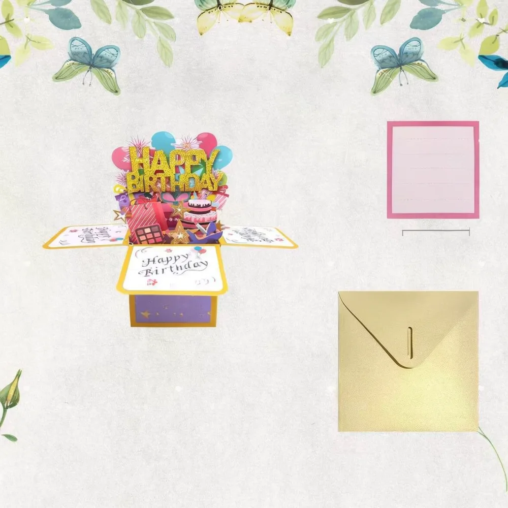 Unique 3D Birthday Greeting Card Pop Up Gift Box Laser Cut Glitter Decorative Paper Craft For Party Celebration Gift
