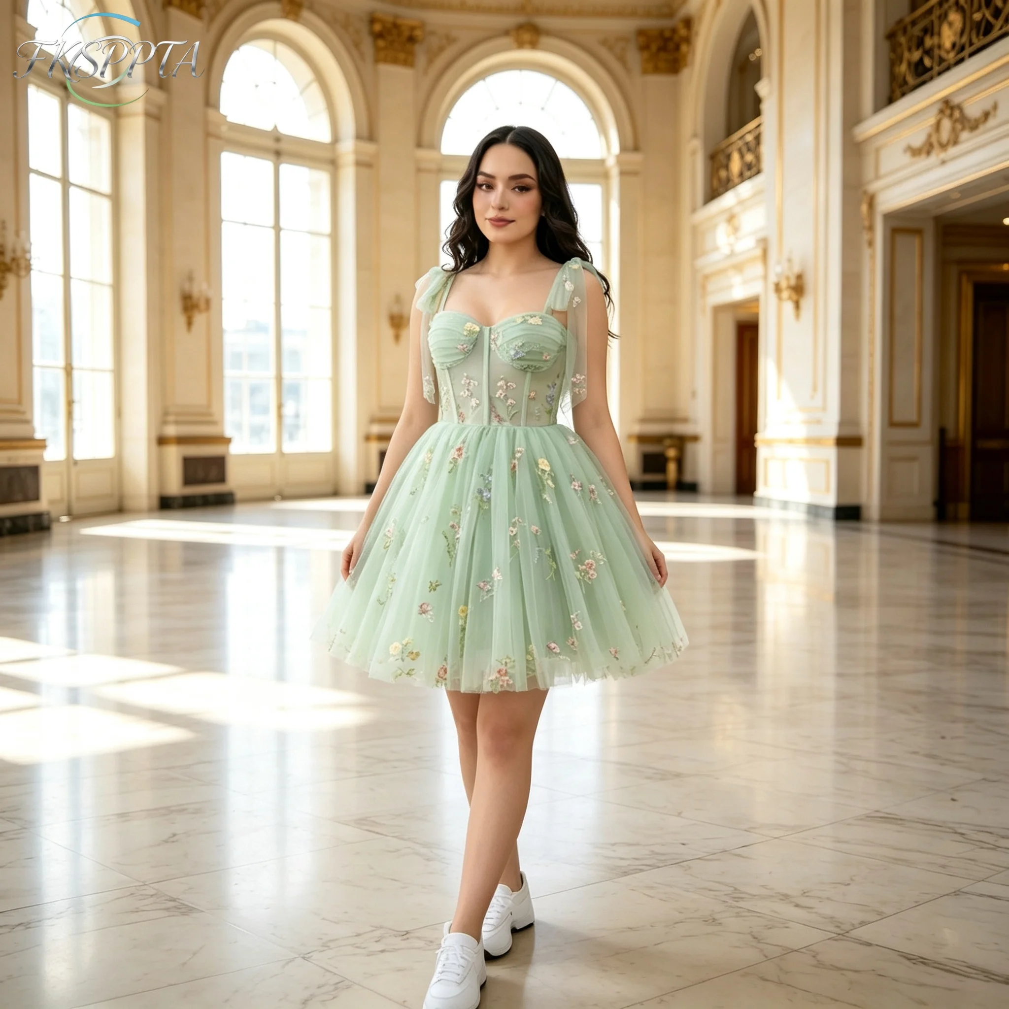 Mint Green Short Tulle Prom Dresses Spaghetti Straps A Line Flowers Visible Waist Sexy Wedding Party Formal Gowns For Women