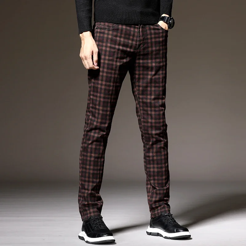 Men's Plaid Pants Dress Classic Formal Slim Fit Casual 2024 Autumn Cotton Stretch Black Work Office Youth Fashion Trousers Male