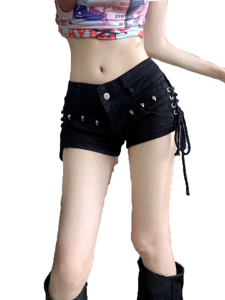 American Vintage Chic Low Waist Slim Straight Shorts for Women Ins Fashion Lace-Up Simple Street Pure Color Casual Female Shorts