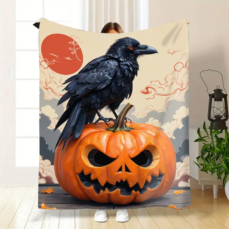 Flanelldecke – weiche, leichte Ganzjahres-Halloween-Kürbis- und Krähe-Babydecke für festliche Nächte