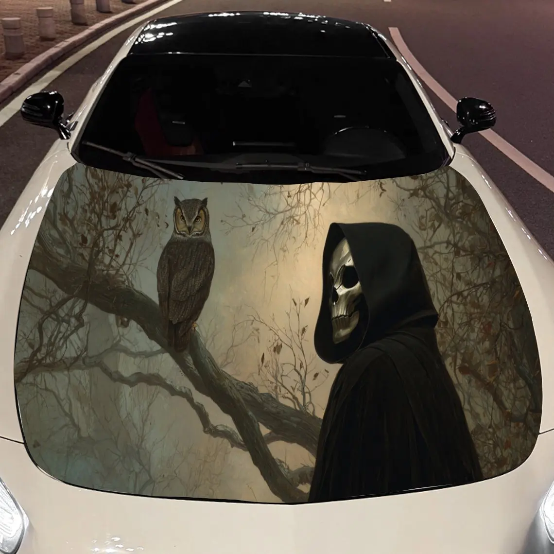 

Car Decals Grim Reaper with Owl in Misty Forest Car Hood Sticker, Waterproof Self - Adhesive Vinyl Graphics Decals, Decorative P