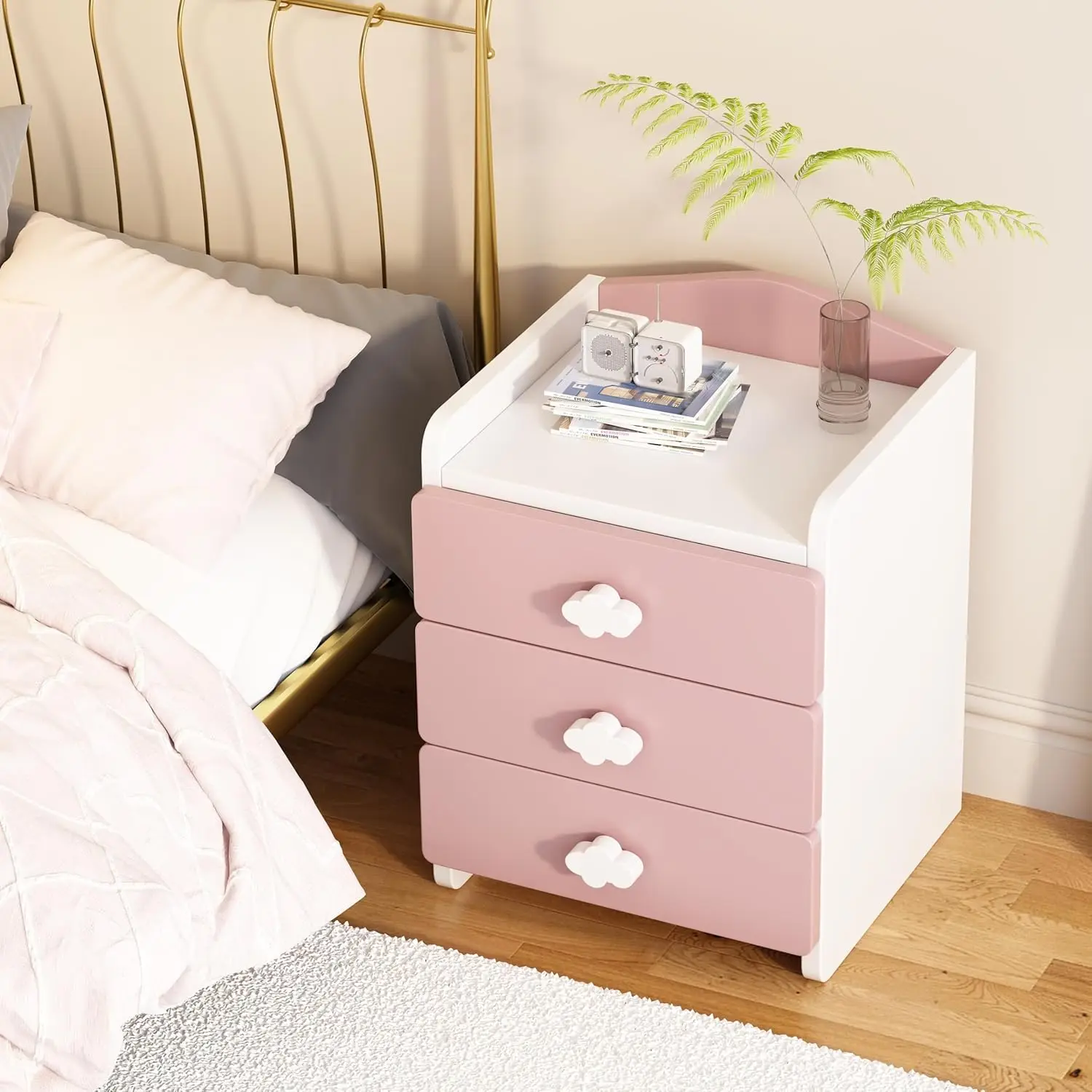 2 Pink Nightstand with 3 Drawers, Storage for Kids Girls Bedside Table, Small Checkered Dresser for Bedroom